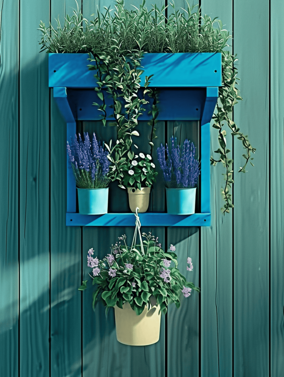 A decorative and compact fence planter painted in vivid blue holds an assortment of aromatic herbs and flowers, with a hanging potted plant below, against a teal wooden backdrop ar 3:4