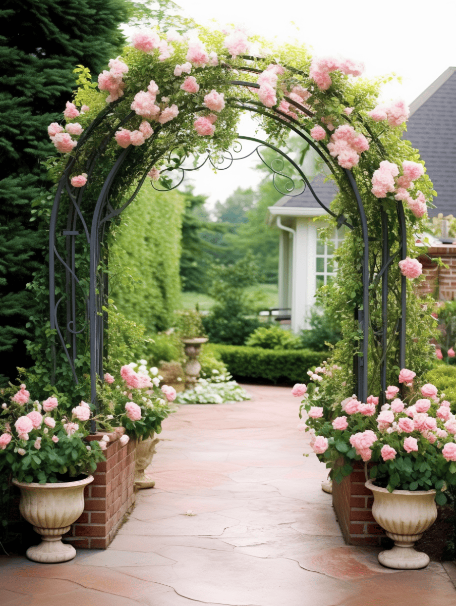 A delicate metal arch, entwined with blushing pink roses, crowns a red stone path flanked by matching potted roses, leading invitingly to a classic house in a well-manicured garden ar 3:4