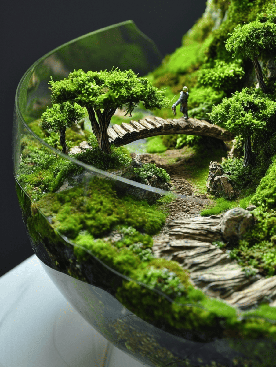 A delicate mossy landscape housed within a glass bowl features two miniature trees flanking a quaint wooden bridge, with a tiny figure poised mid-journey, enhancing the whimsical charm of this microcosm ar 3:4