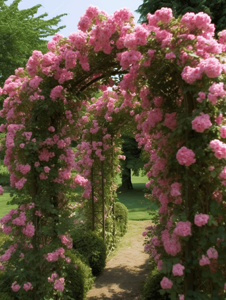 A floral archway, bursting with clusters of pink roses, forms a lush gateway leading to a tranquil green lawn, encapsulating the romance of an English garden in full bloom ar 3:4