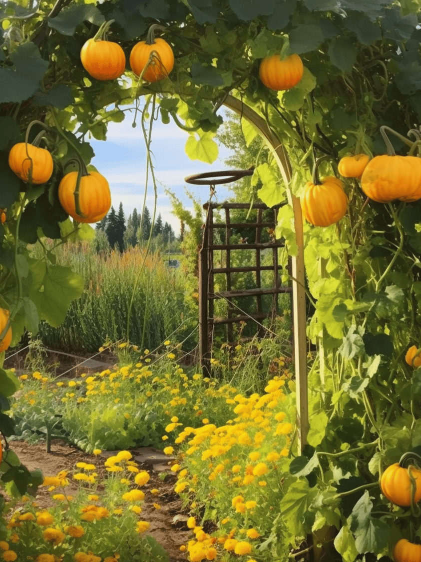 A garden archway overflows with hanging orange pumpkins amidst green leaves, overlooking a path lined with bright yellow flowers, creating an inviting passage through the verdant space ar 3:4