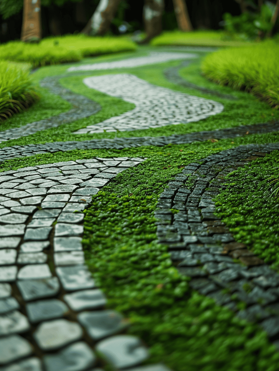 A garden path with a geometric mosaic design made of dark stones intricately laid, creating a sinuous pathway through vibrant green moss and grass, invoking a sense of natural artistry and harmony ar 3:4