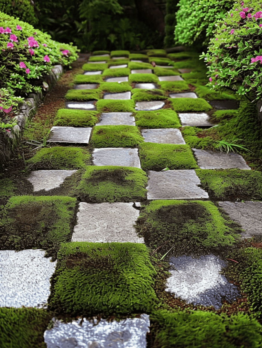 A garden pathway is beautifully crafted with cubic stone tiles separated by soft, cushion-like moss, creating a symmetrical pattern that leads through a lush landscape ar 3:4