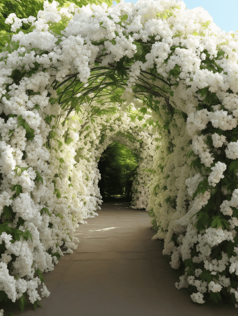 A garden tunnel entrance enveloped in an abundance of white blossoms, creating a lush, fragrant canopy over a smooth, sandy path that gently curves into the verdant mystery beyond ar 3:4