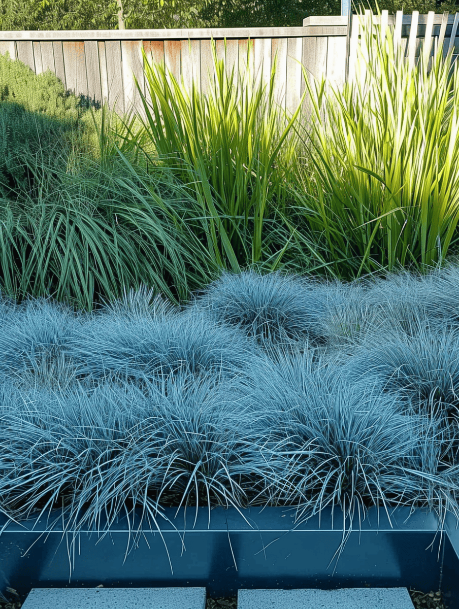 A landscaped area showcases tufts of Blue Fescue grasses with their characteristic blue-gray foliage, contrasted against taller green grasses, all set before a wooden fence under bright sunlight ar 3:4