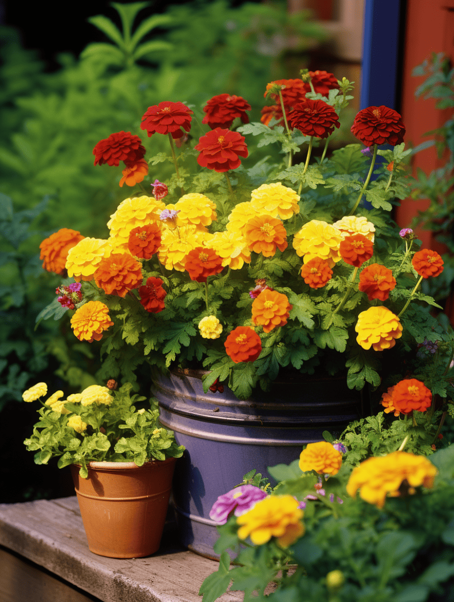 A large blue container overflows with marigolds in vibrant shades of yellow, orange, and deep red, with lush green foliage, accompanied by a smaller terra cotta pot of bright greenery, set on a wooden ledge with additional purple and yellow flowers in the foreground ar 3:4