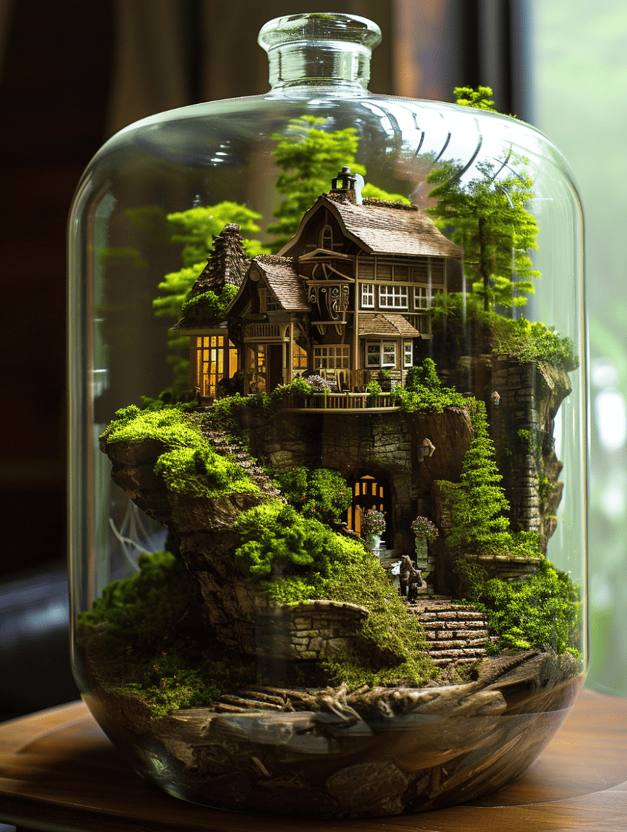 A large glass vessel hosts a detailed scene of an expansive residential property, complete with a Tudor-style house and a lush, moss-covered garden, alongside stone steps and miniature trees that create an enchanting display ar 3:4