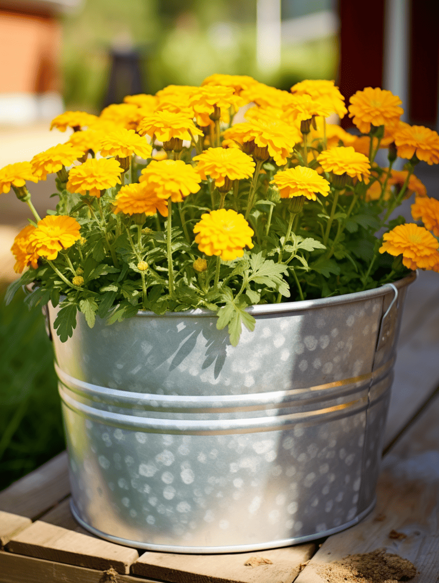 A large, round galvanized metal planter cradles a lush array of vivid yellow marigolds, basking in sunlight on a wooden surface with soft-focus greenery in the distance ar 3:4