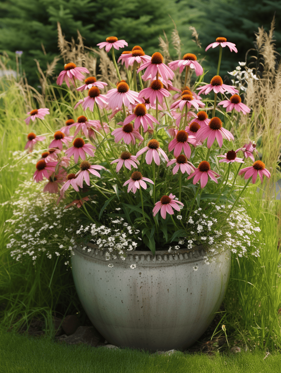 A large, rustic stone planter overflows with vibrant pink-purple coneflowers and delicate white baby's breath, set against a soft-focus backdrop of verdant grasses and evergreens ar 3:4