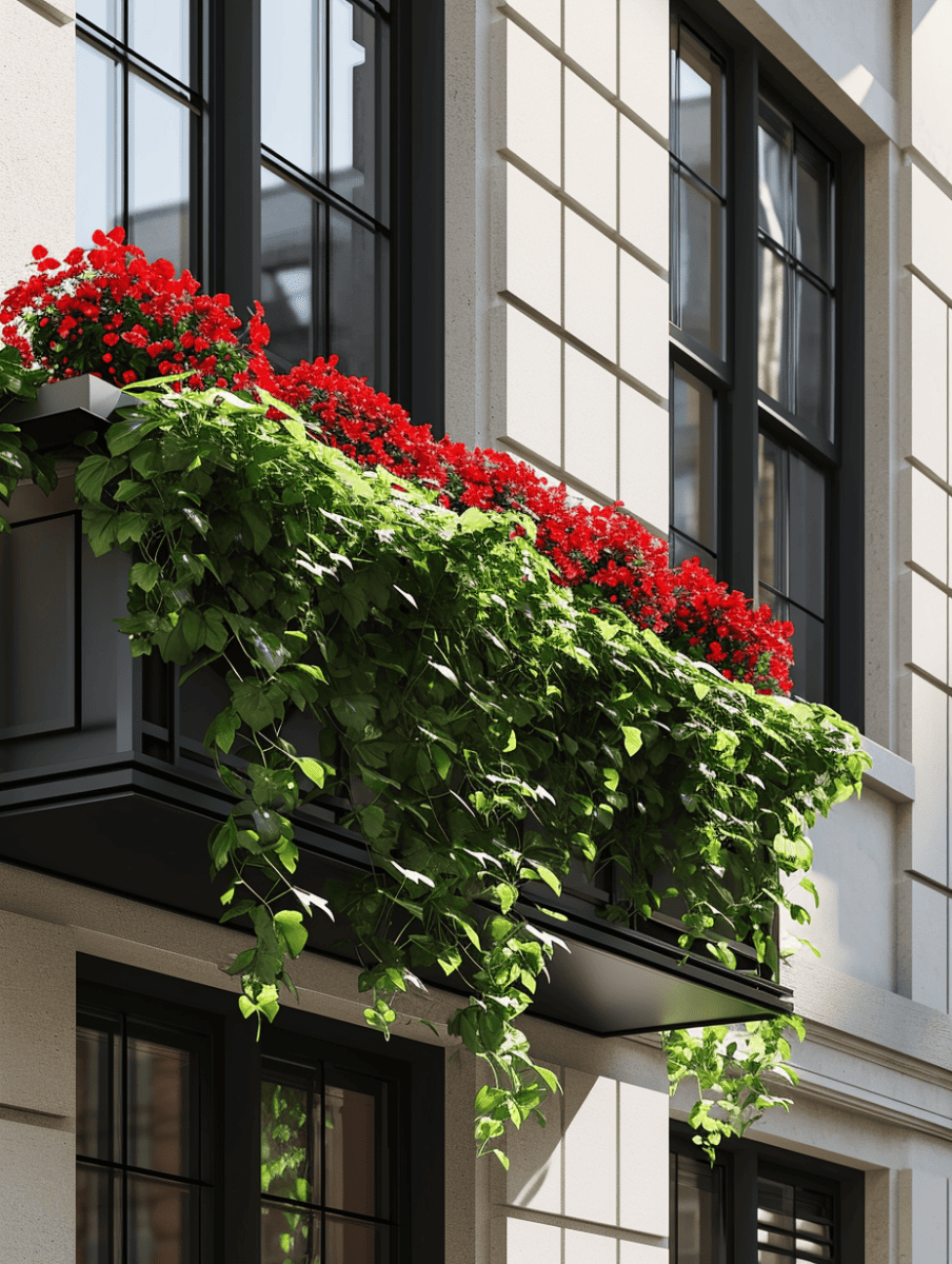 A lavish window box mounted on a cream-colored building overflows with lush green foliage and a profusion of bright red flowers, providing a vivid natural contrast to the geometric black window frames and the structured facade ar 3:4