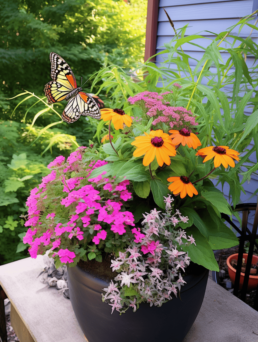 A vibrant monarch butterfly with wings spread is perched on bright yellow and orange echinacea flowers; these coneflowers are accompanied by clusters of deep pink verbena and soft pink and white dusty miller in a lush arrangement set in a large, dark planter ar 3:4