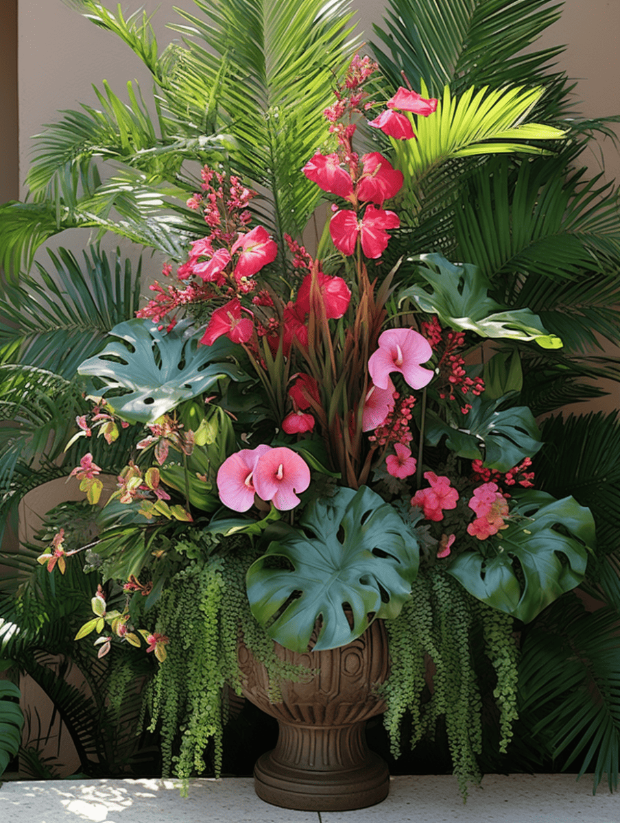 A lush display of various plants featuring palm fronds, monstera leaves, cascading ferns, and hibiscus, all nestled in an ornate brown pedestal pot ar 3:4