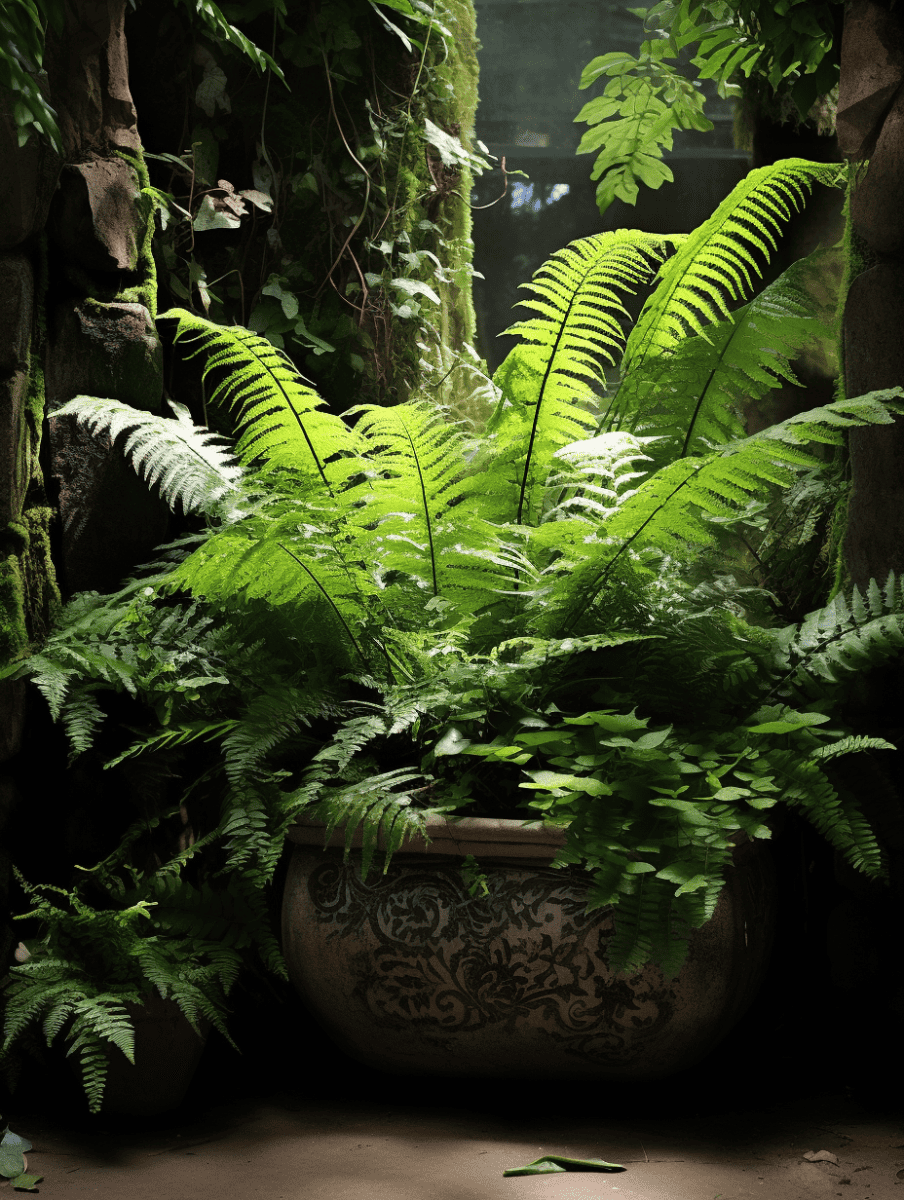 A lush fern with vibrant green fronds emerges from an ornate, classical stone pot, bathed in a soft beam of light filtering through a verdant, moss-covered stone wall and overhanging foliage in a serene, shaded garden alcove ar 3:4