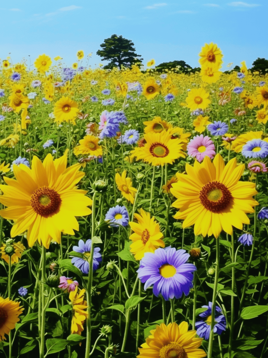 A lush field is aglow with bright sunflowers and a mix of purple and pink wildflowers, under a clear blue sky with a solitary tree standing in the distance ar 3:4