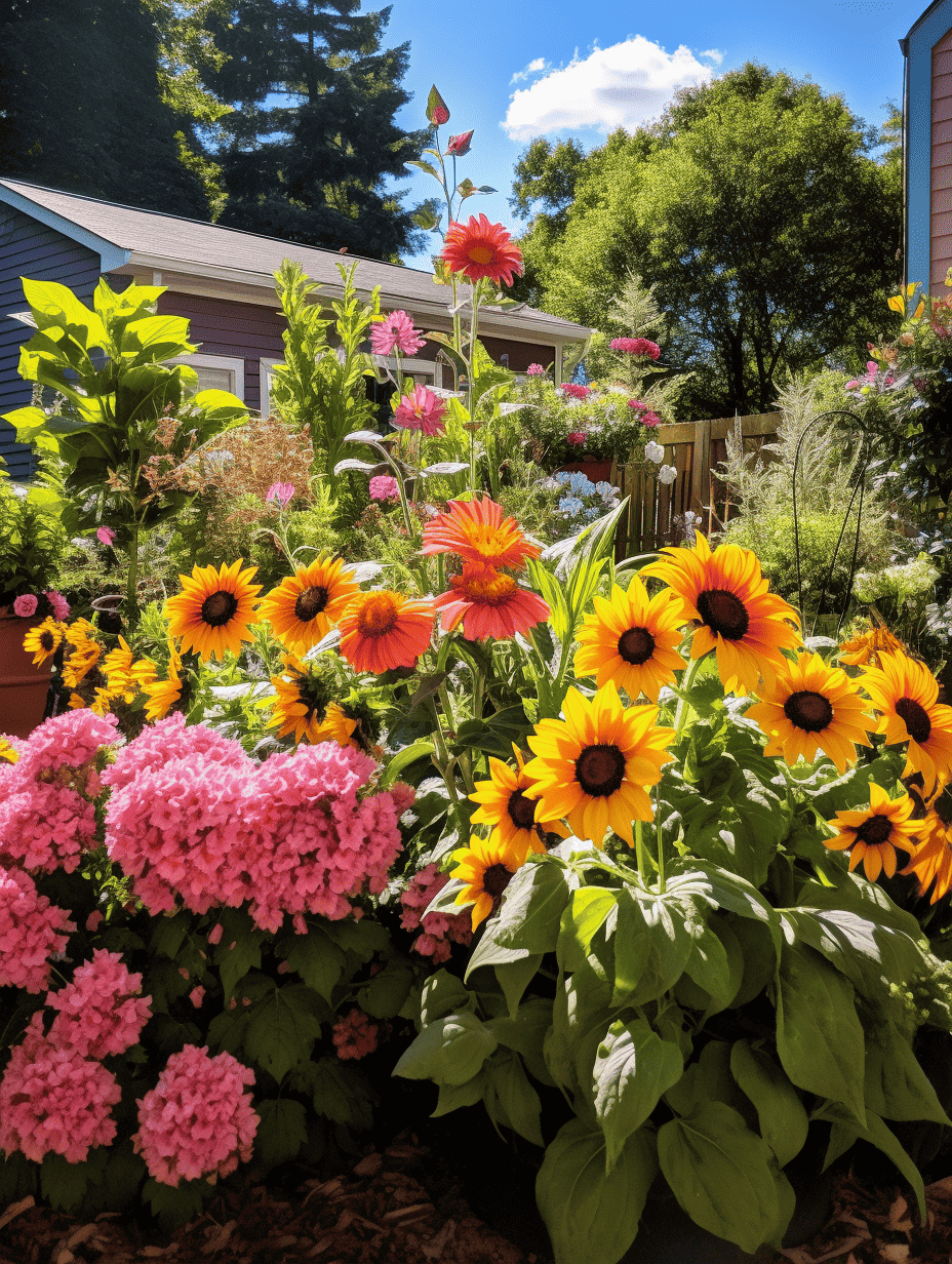 A lush garden bed showcases a mix of flowers, including the fiery oranges of Zinnias, pink coneflowers, clusters of pink hydrangeas, and cheerful sunflowers, all basking in sunlight with a hint of greenery and a house in the background ar 3:4