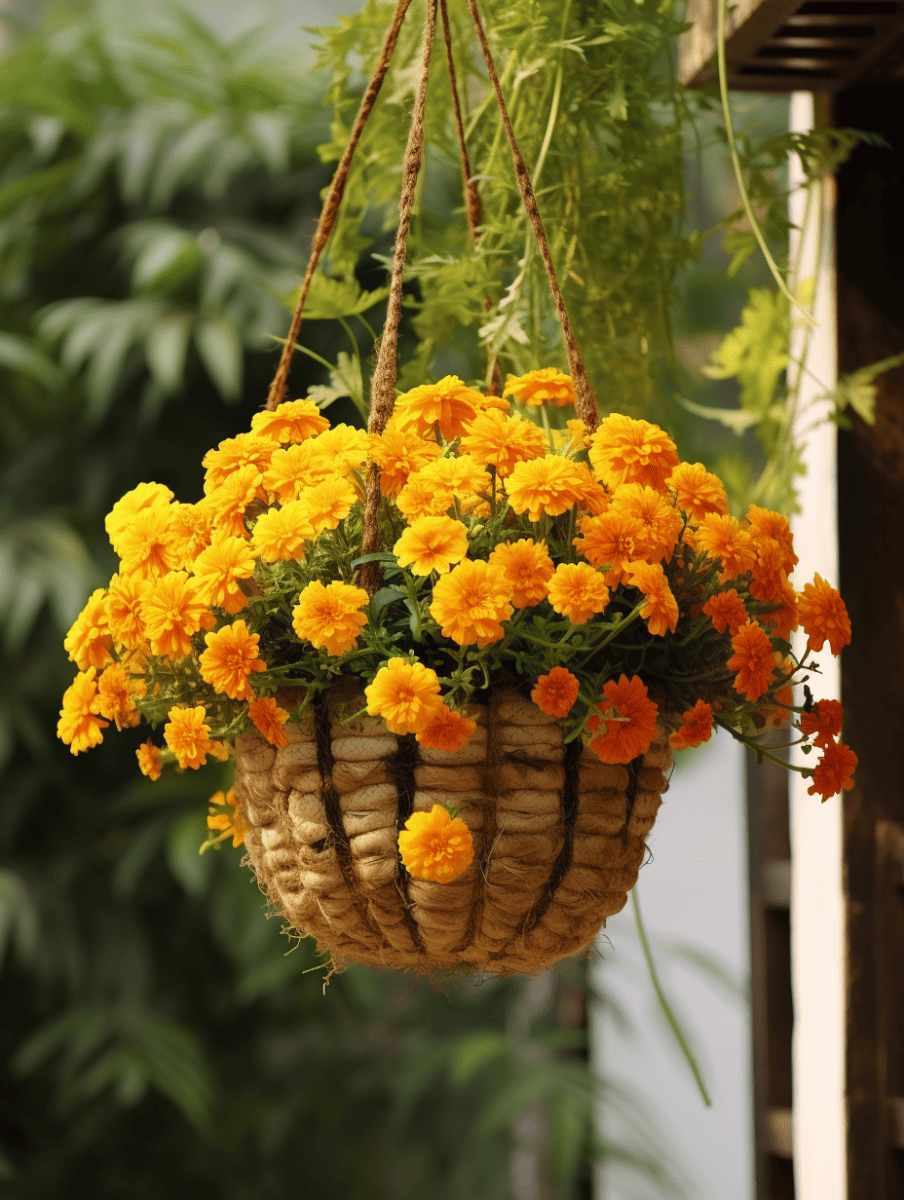 A lush hanging basket filled with radiant orange marigolds spills over a natural, woven coir container, suspended by rustic jute ropes against a soft-focus backdrop of greenery ar 3:4