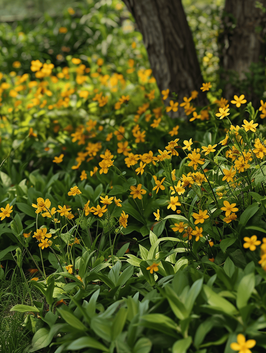 a lush patch of Goldenstar flowers, characterized by their bright yellow petals and prominent stamens, thriving among verdant foliage in a serene garden, softly blurred in the background to emphasize their delicate beauty ar 3:4
