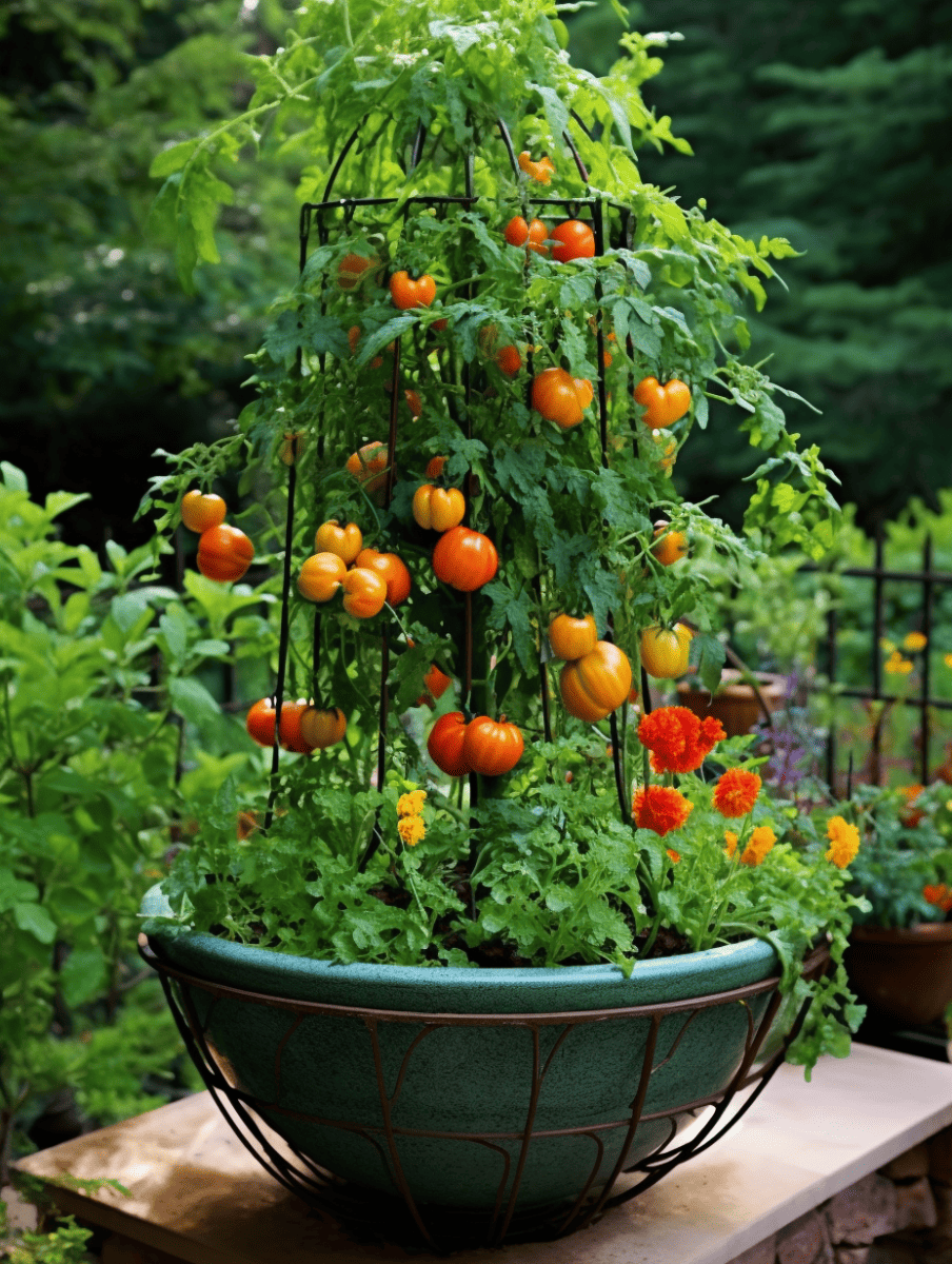 A lush tomato plant with ripe orange tomatoes is supported by a black cage, sharing space in a large green planter with vibrant orange and yellow marigolds, set against a verdant garden backdrop ar 3:4