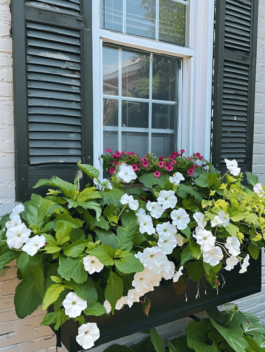 A lush window box filled with vibrant white petunias and interspersed pink zinnias beneath a clear window flanked by dark green shutters, set against a brick wall, bathed in bright daylight ar 3:4