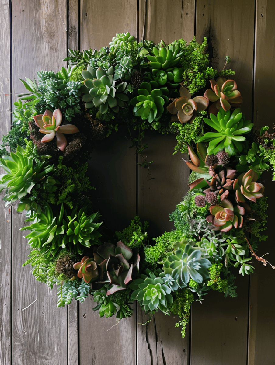A lush wreath composed of an assortment of succulents with fleshy leaves in various shades of green, pink, and purple, intermingled with moss, displayed against a wooden slatted background ar 3:4