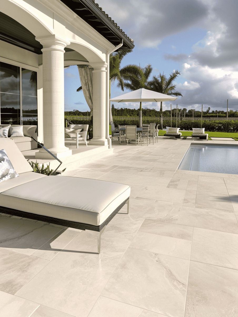 A luxurious patio with large, light-colored tile flooring extends from an elegant home with classic columns, featuring a chaise lounge and outdoor furniture set under an umbrella, adjacent to a tranquil pool with a view of palm trees and open skies ar 3:4