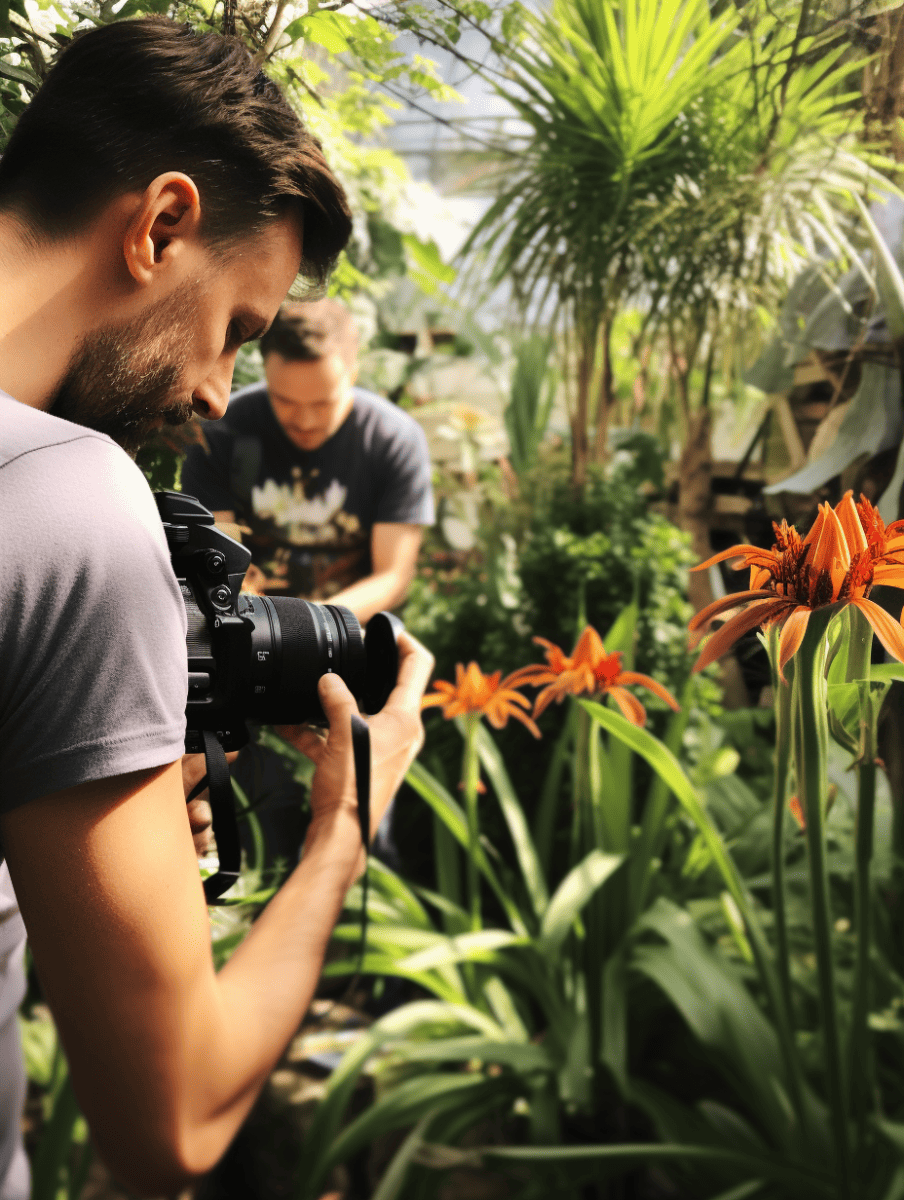 A man with a camera focuses intently on a subject in a lush greenhouse setting, with vibrant orange flowers in the foreground and an array of tropical plants filling the background ar 3:4