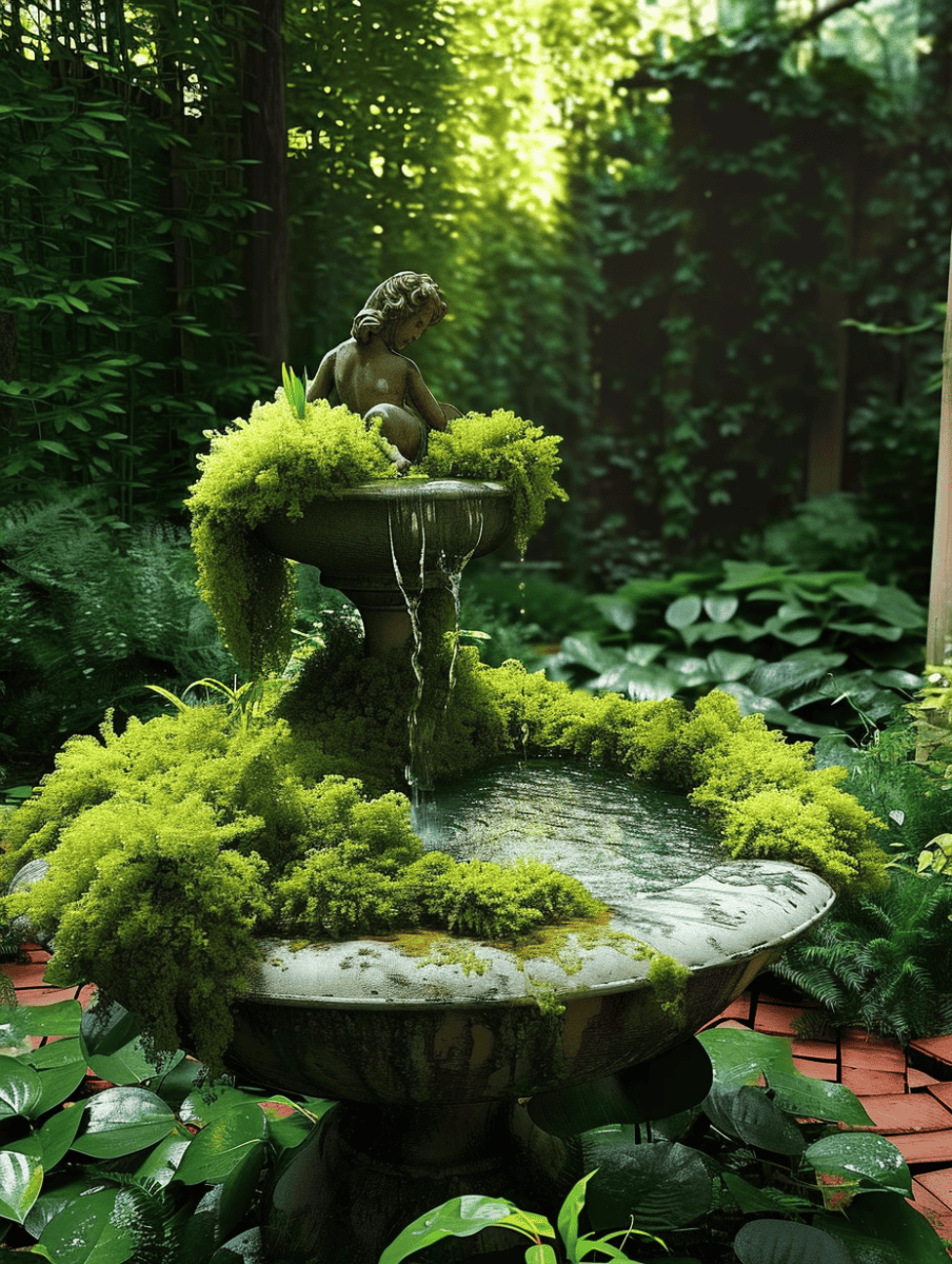A mini fountain adorned with bright green moss, where a stone statue of a cherub sits at the center, with water gently spilling from its basin amidst a lush, shaded garden ar 3:4