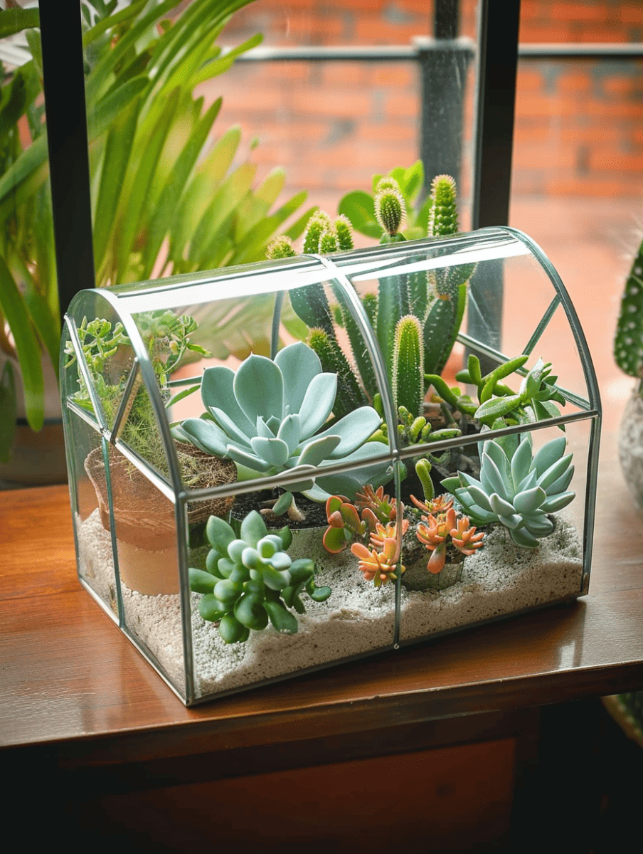 A mini greenhouse with transparent panes houses a diverse collection of succulents, set on a wooden surface with lush greenery in the blurred background ar 3:4