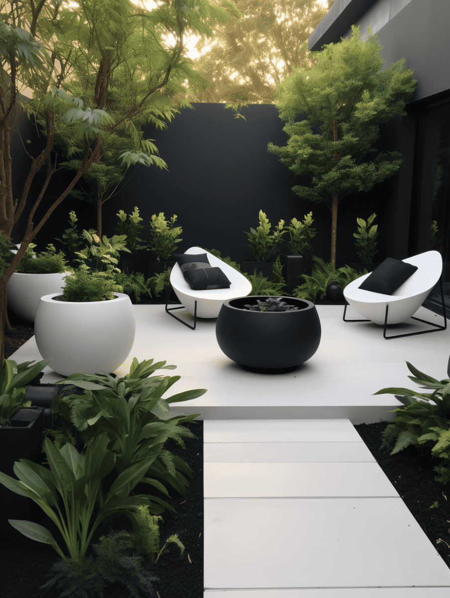 A modern minimalist garden with sleek white outdoor furniture, round planters, and a central fire pit, set amidst a lush arrangement of ferns and trees against a bold black wall, all harmonized by a clean white walkway ar 3:4