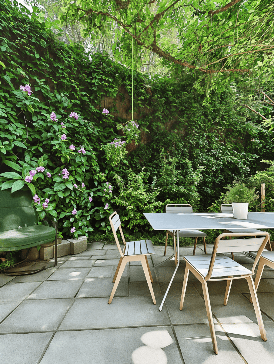 A modern outdoor dining set rests on a concrete patio, complemented by a vibrant "Blossom in Colors" theme with a lush green wall of climbing plants interspersed with purple flowers, under the dappled shade of a tree ar 3:4