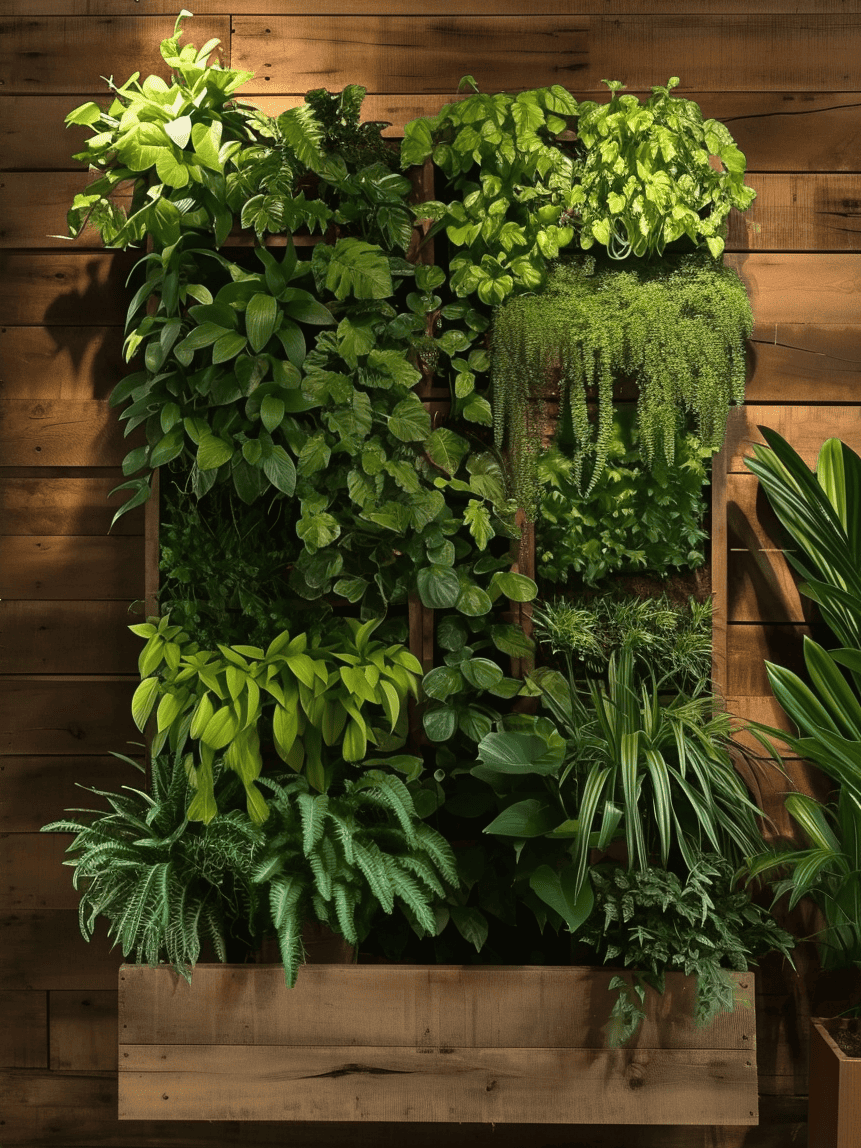 A modern vertical wall planter brimming with a lush arrangement of varied greenery, including broad-leafed plants and cascading ferns, against a warm wooden backdrop, illuminated softly from the left ar 3:4
