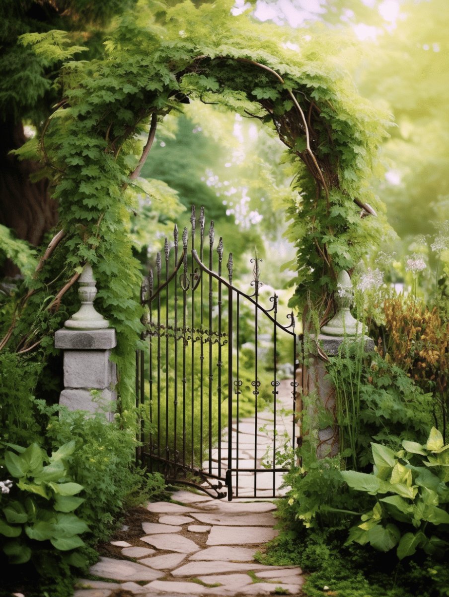 A natural archway cloaked in dense green foliage creates a serene entry, leading to an ornate wrought-iron gate that partially reveals the lush garden beyond, bathed in soft, ethereal light ar 3:4