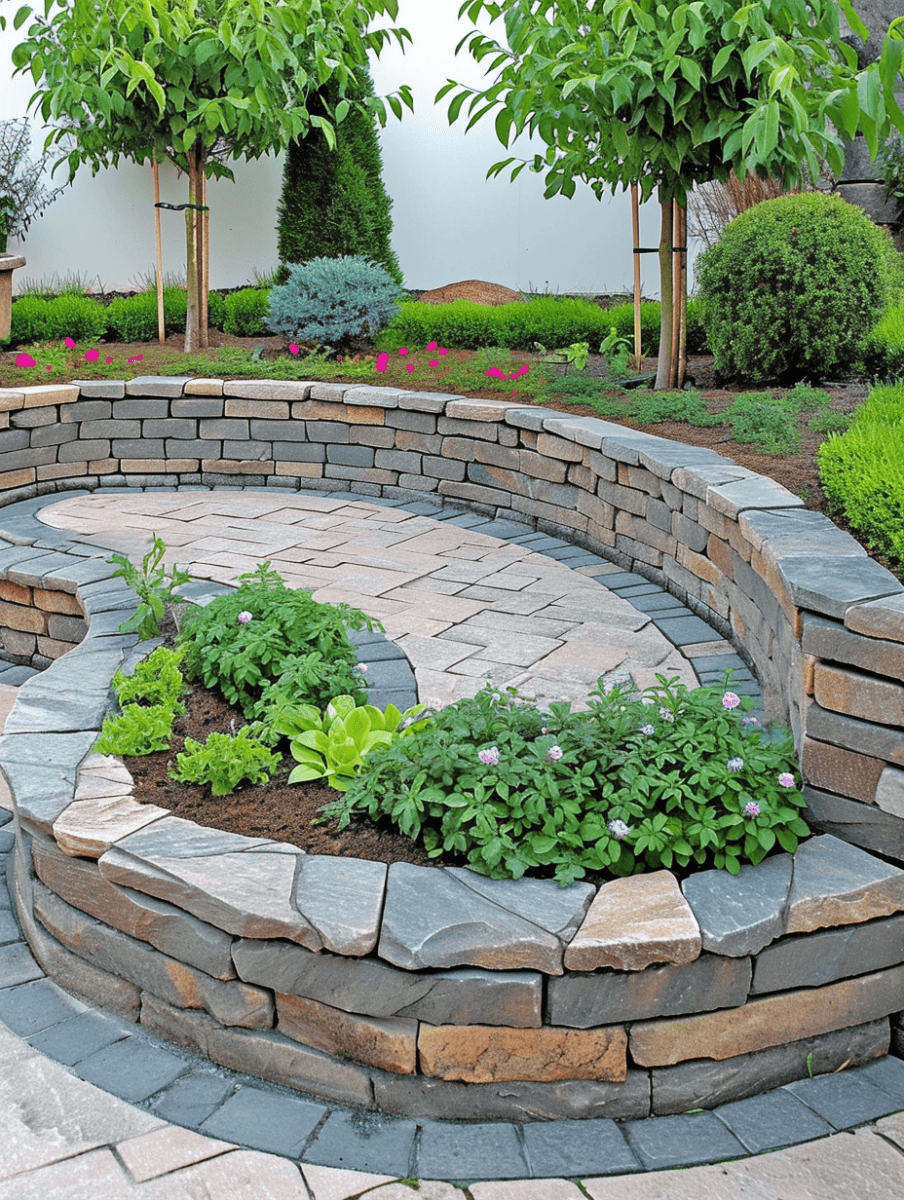 A neatly constructed dwarf wall with a curving design, built of interlocking stone blocks and topped with paving stones, creating a raised garden bed filled with a variety of shrubs and ornamental plants ar 3:4