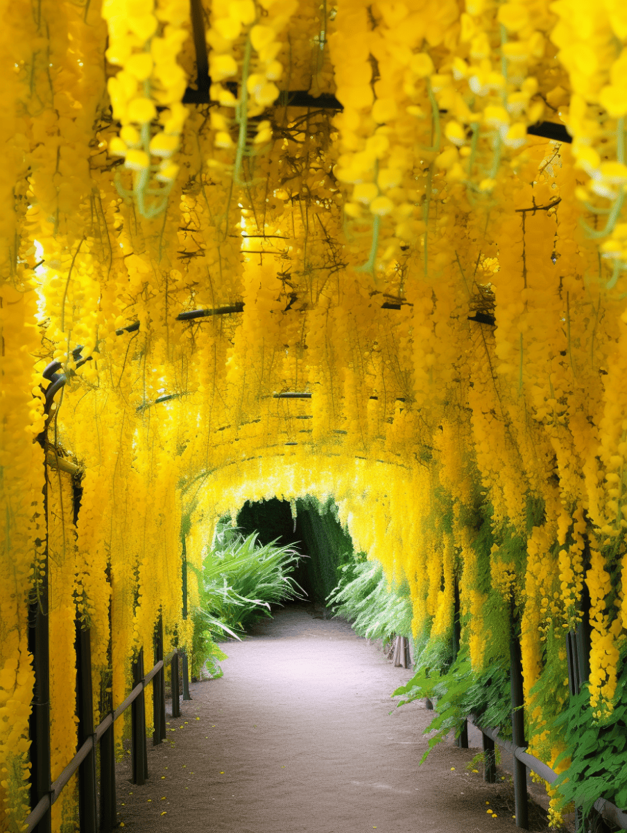 A pathway leads through a captivating tunnel adorned with cascading yellow flowers, flanked by lush greenery, creating a vibrant contrast of colors --ar 3:4