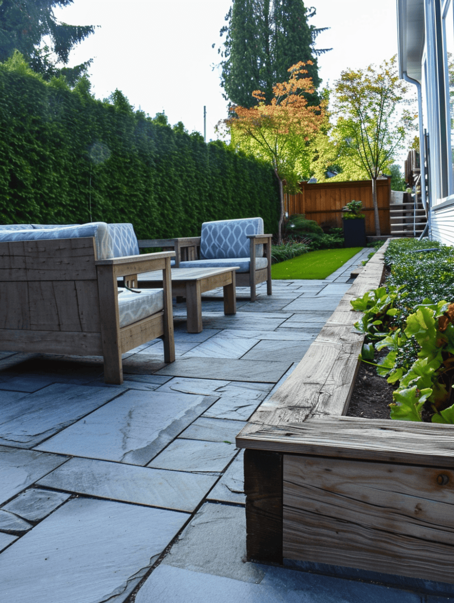 A patio area with bluestone tiles and wooden raised garden beds lined with lush plants, complemented by outdoor wooden furniture, against a privacy hedge, showcasing a blend of hardscaping and softscaping ar 3:4