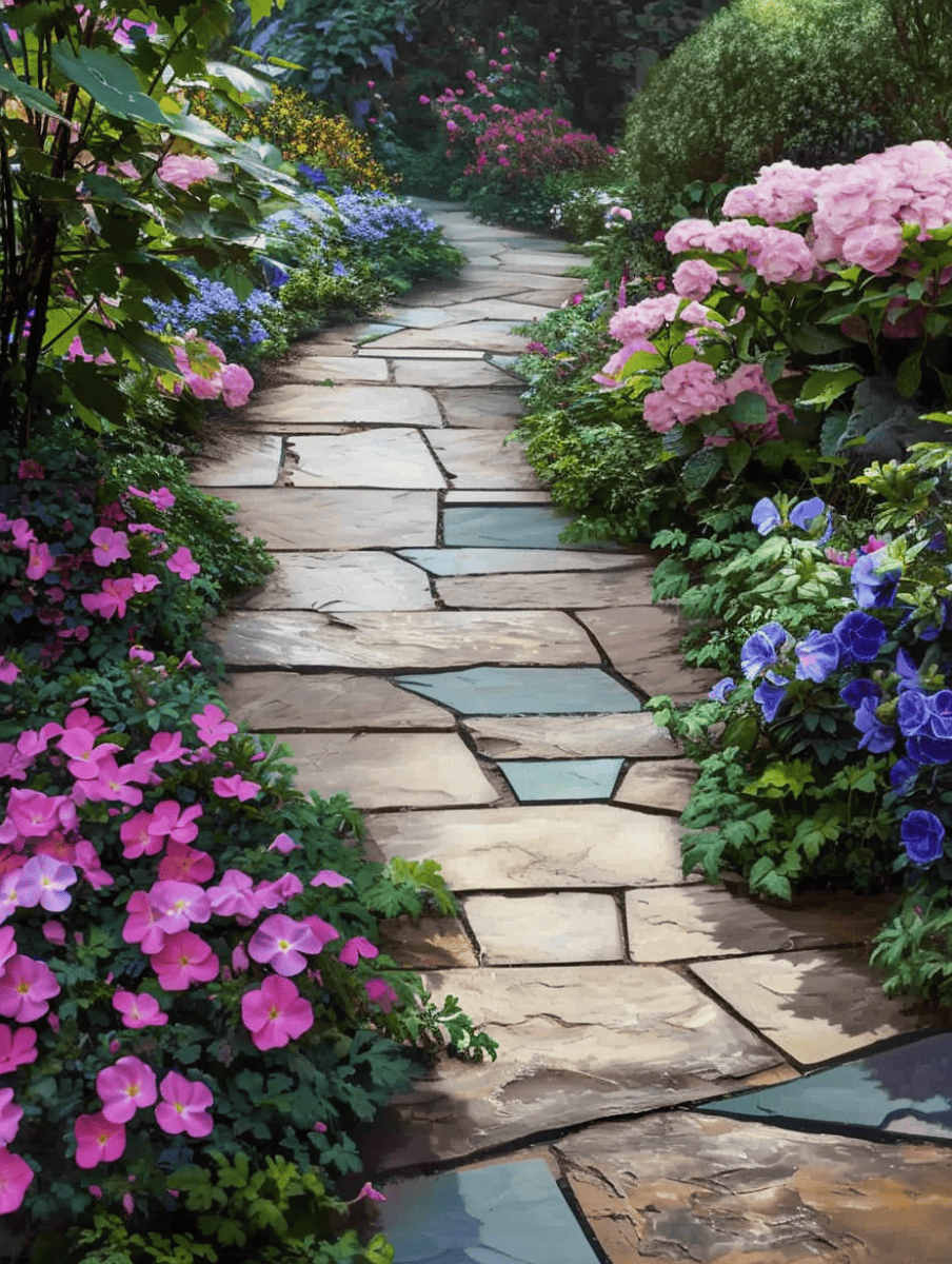 A picturesque garden path crafted from irregularly shaped stone slabs meanders through an explosion of floral beauty, with lush pink hydrangeas, delicate blue and violet blooms, and vibrant pink flowers embracing each side, inviting a tranquil walk through nature's splendor ar 3:4
