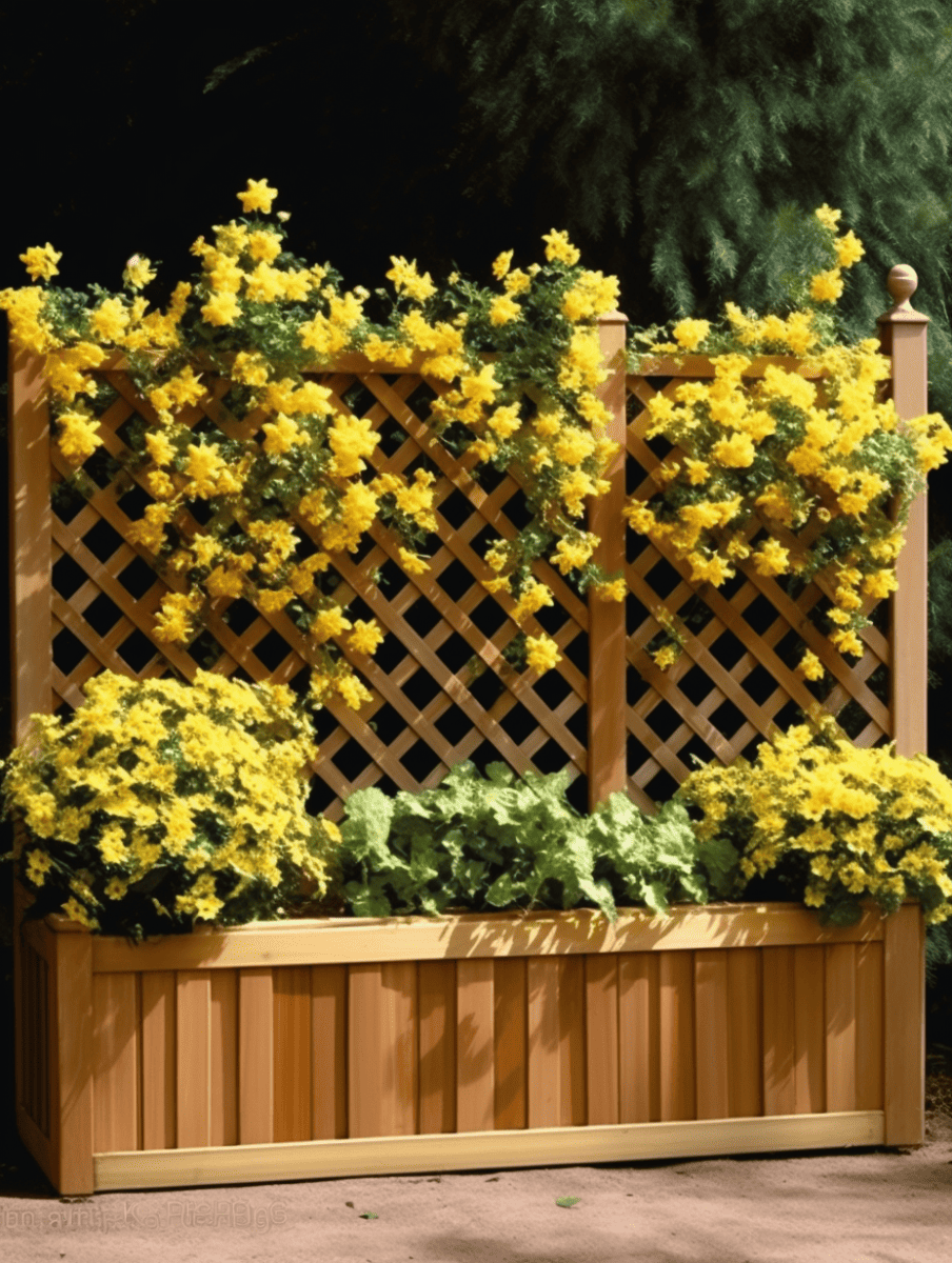 A planter box with a lattice backdrop, crafted in warm-toned wood, overflows with cheerful yellow blossoms and lush greenery, set against a shadowy coniferous background ar 3:4