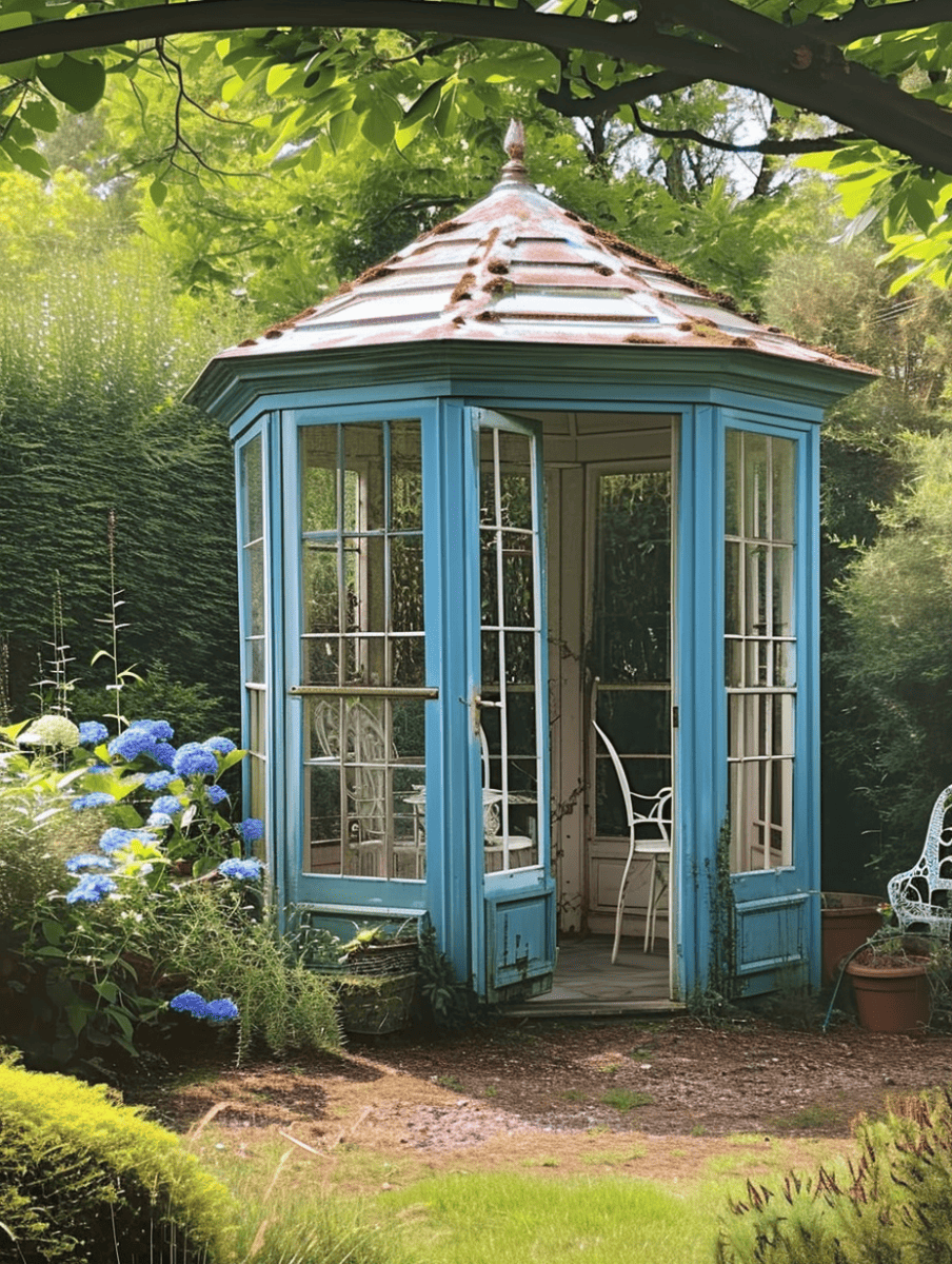 A quaint, blue-painted garden gazebo with moss-covered roofing sits in a serene garden corner, complemented by the vibrant green moss at its base and surrounded by lush vegetation and vivid blue hydrangeas ar 3:4