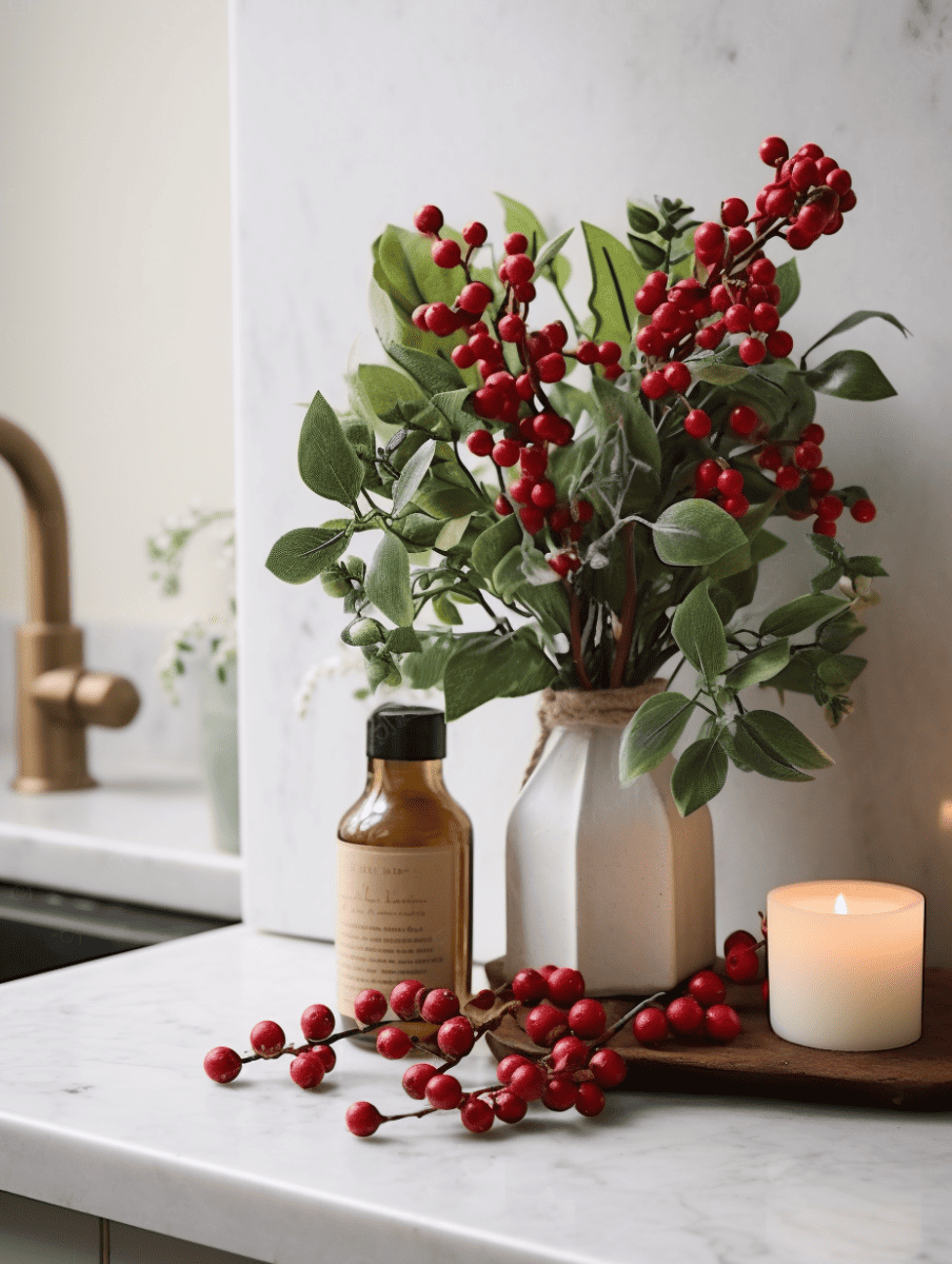 A quaint holiday bouquet of winter berries and greenery in a vase and set on a marble countertop is complemented by a ceramic house candle holder, amber bottles, a wooden chopping board, and a lit scented candle, creating a cozy and inviting atmosphere