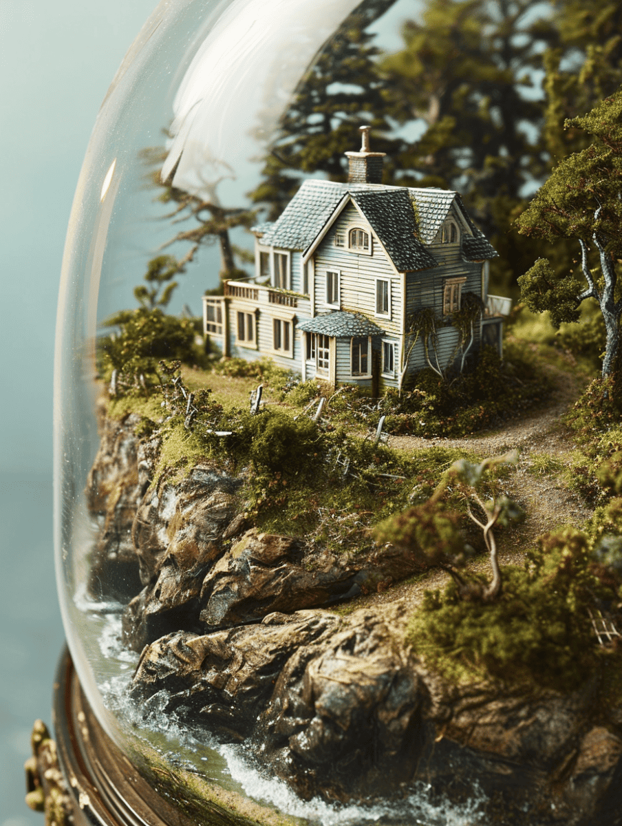 Encased within a clear glass dome, this miniature display features a quaint little cottage with detailed architecture, perched on a rocky cliffside near the sea, surrounded by lush trees and moss, evoking a serene coastal ambiance ar 3:4