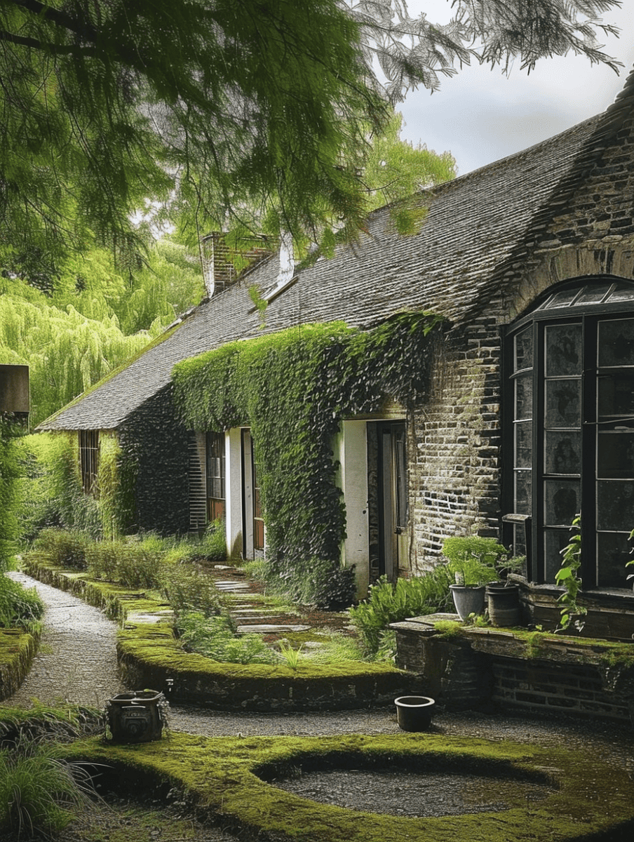 A quaint, moss-covered pathway leads to the entrance of a rustic brick cottage, its facade and roof partially obscured by trailing ivy and sheltered by overhanging trees ar 3:4