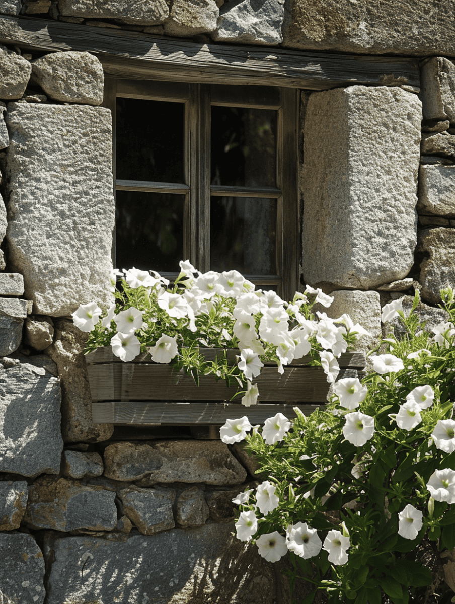 A quaint wooden window box on a stone wall is brimming with lush white petunias, their delicate blooms basking in the light, offering a serene contrast to the rustic textures of the stonework and the simplicity of the wooden window behind ar 3:4