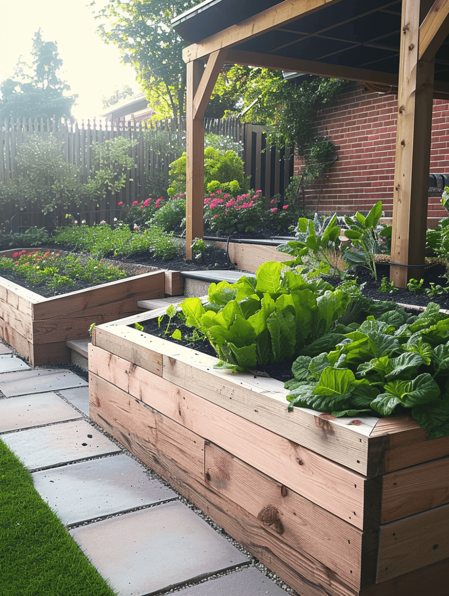 A raised patio garden with wooden edges, hosting a variety of leafy greens and herbs, with a backdrop of a lush flower garden, wooden fence, and a pergola-covered brick wall ar 3:4