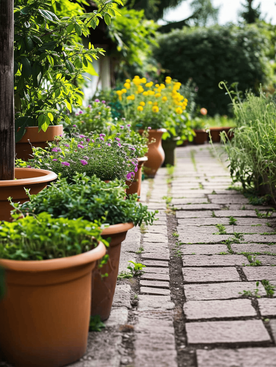A ray of gray with square concrete pavers and grass sprouting in between, bordered by terracotta pots filled with abundant green plants and bright flowers, meandering toward a quaint house veiled by dense greenery ar 3:4