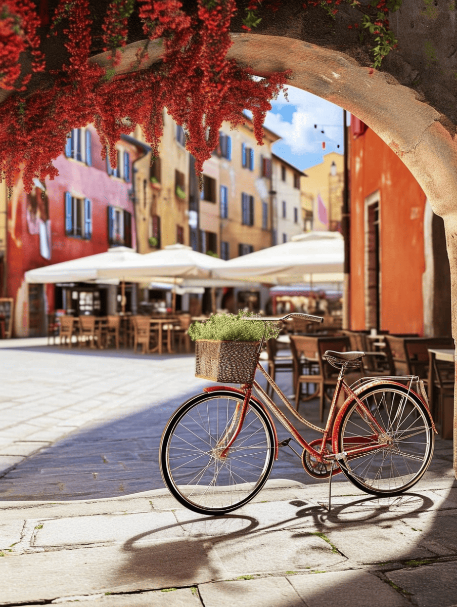 A red bicycle with a basket of greenery stands on a concrete paved area, basking in the "Tuscan Sun", with a charming archway draped in red flowers leading to a colorful European street café scene in the background ar 3:4