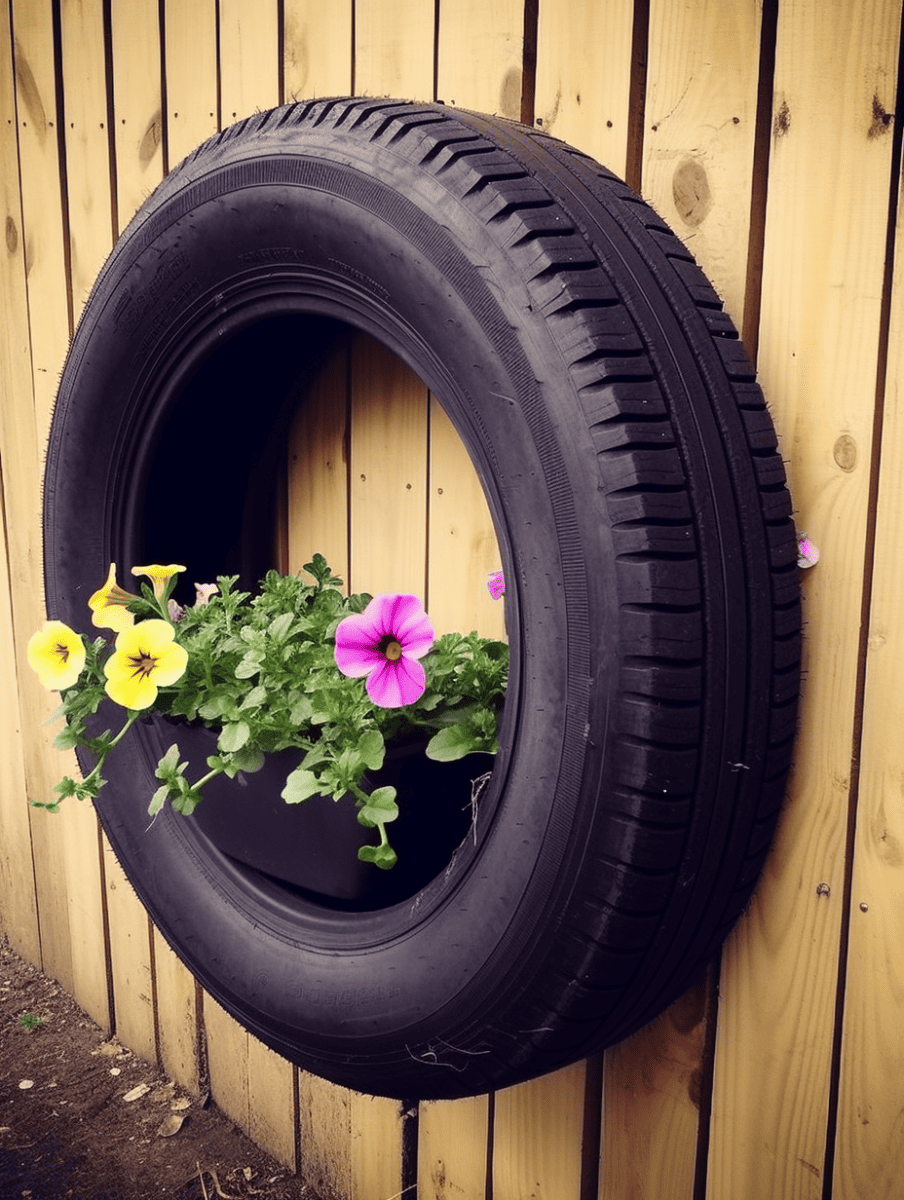 A repurposed black car tire mounted on a wooden fence serves as a planter for a mix of bright pansies with purple and yellow blooms, contrasting with the natural wood backdrop ar 3:4