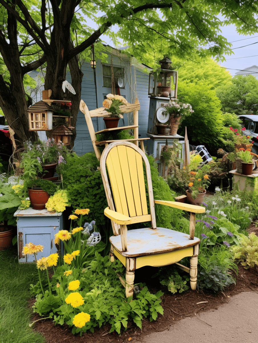 A repurposed furniture garden with a bright yellow vintage chair amid vibrant yellow flowers, surrounded by various plants in eclectic containers, creates a quaint and artistic outdoor setting under the canopy of a large green tree ar 3:4