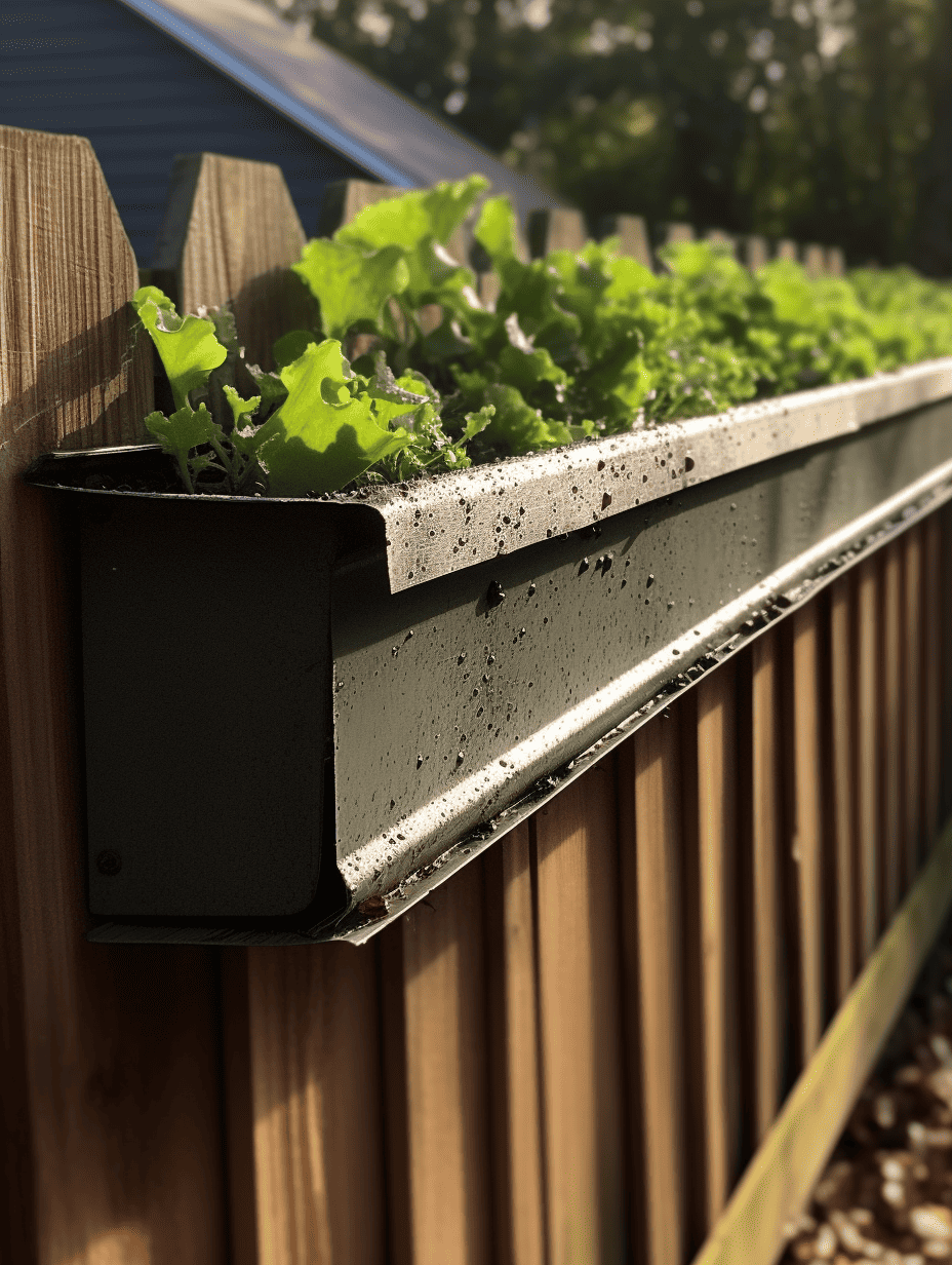 A repurposed gutter serves as an innovative planter box attached to a wooden fence, filled with robust, green leafy lettuce, the water droplets on the metal and foliage glistening in the sunlight ar 3:4