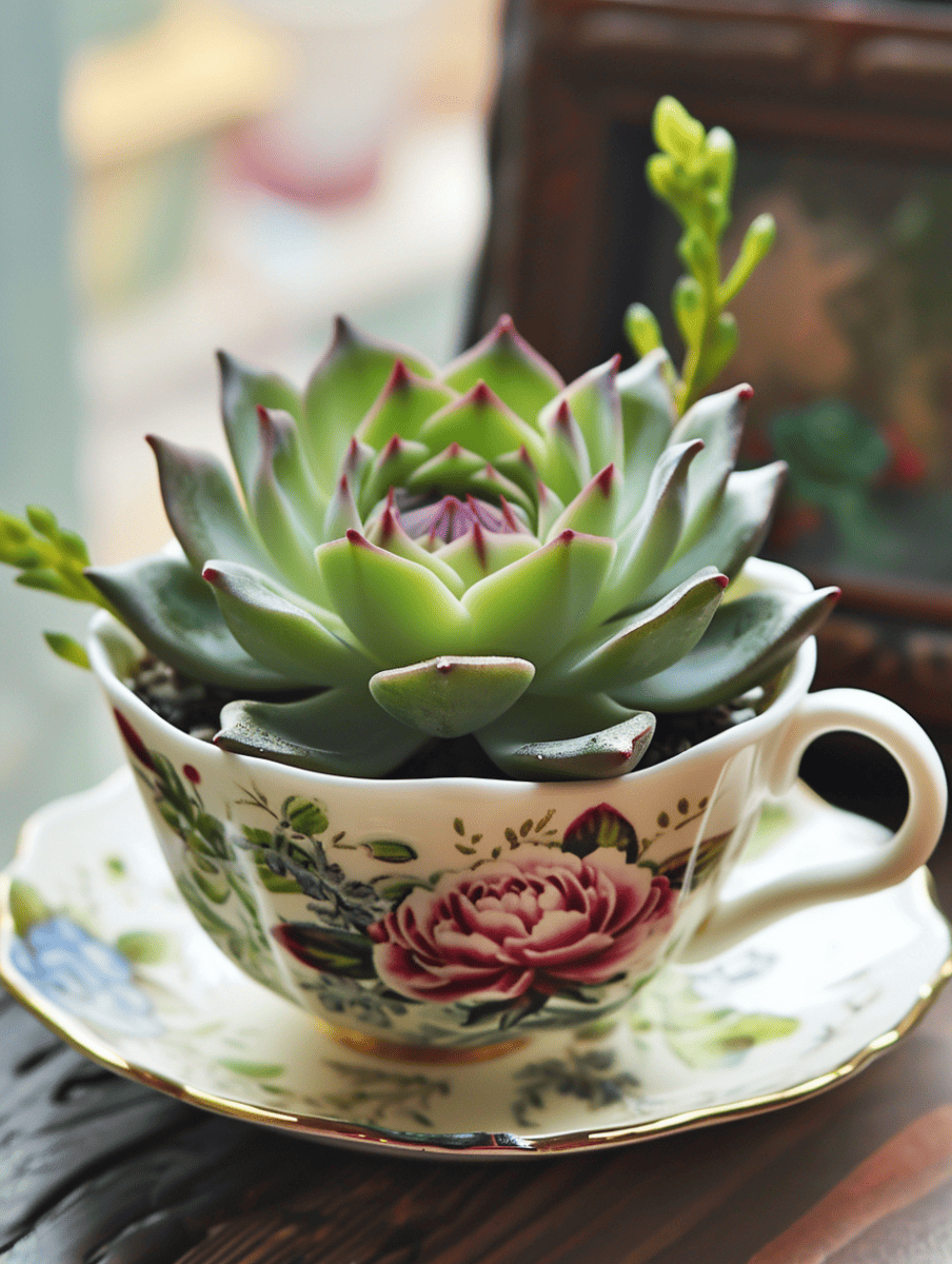 A repurposed vintage teacup, adorned with floral motifs and a gold rim, artistically houses a green succulent with purple-tinged tips, presented on a matching saucer ar 3:4