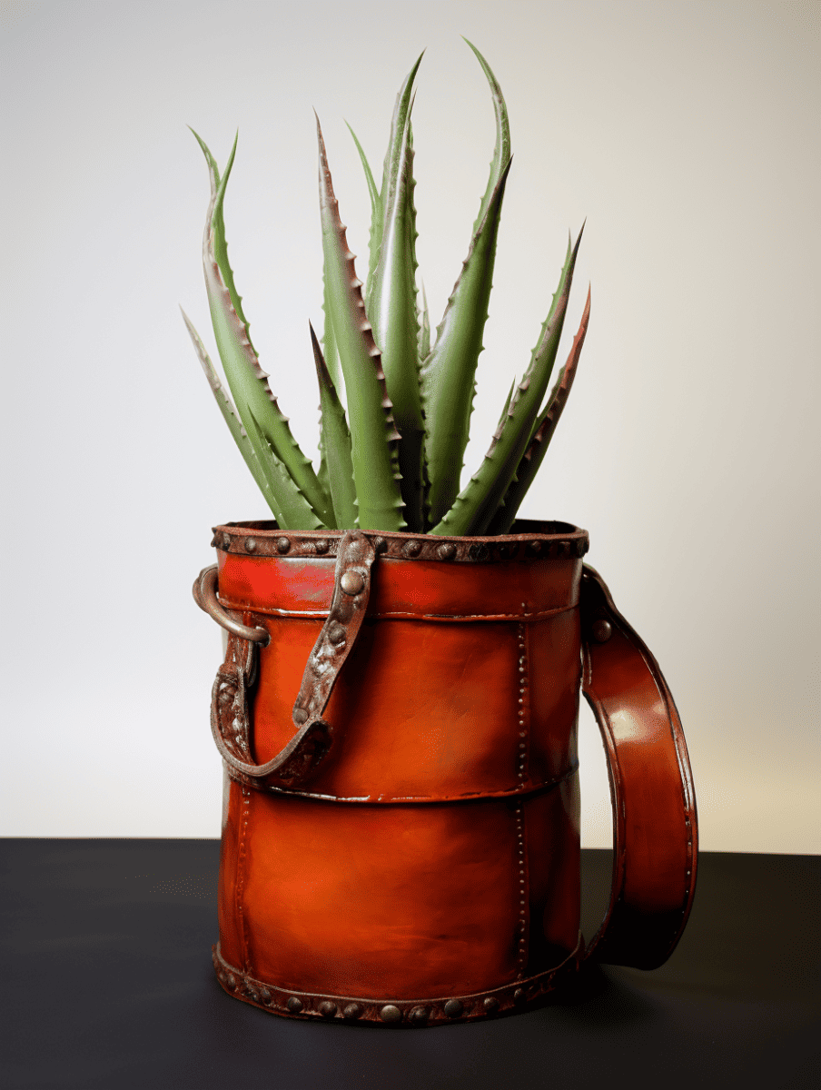 A robust aloe vera plant extends its spiky green leaves upwards from a unique planter resembling a polished, reddish-brown leather satchel with decorative stitching and metal accents, all set against a neutral background ar 3:4